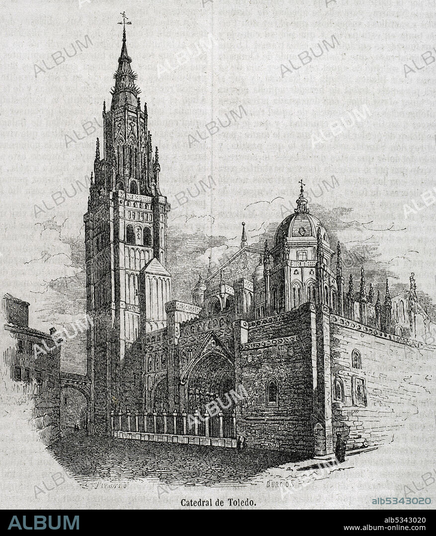 España. Toledo. Catedral de Santa María. Construida en el siglo XIII en estilo gótico. Ilustración por Pizarro. Grabado por Burgos. Historia General de España por el Padre Mariana, 1852.
