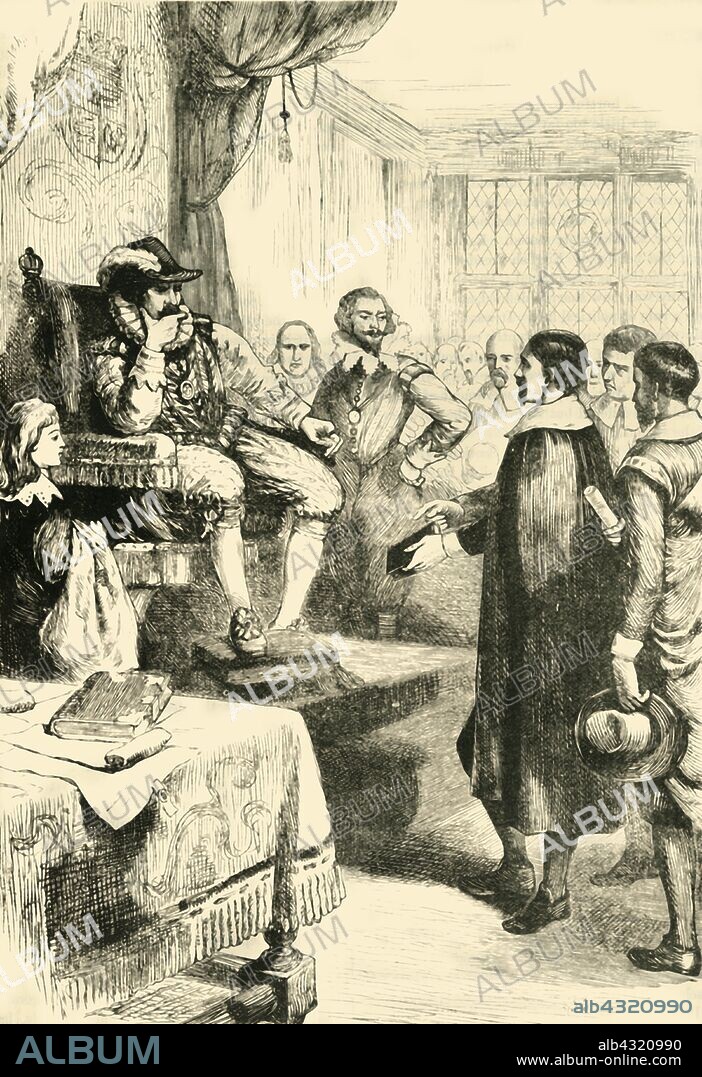 'Puritans Before James I', c1600, (1890). James VI and I (1566-1625) faced complicated religious challenges during his reigns in Scotland and England, in London, the Puritan clergy presented him with the Millenary Petition, requesting reforms in the church. From "Cassell's Illustrated Universal History, Vol. IV - Modern History", by Edmund Ollier. [Cassell and Company, Limited, London, Paris and Melbourne, 1890].