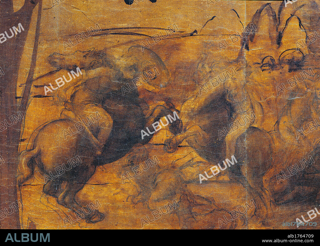 Adoration of the Magi, by Leonardo da Vinci, 1481-1482, 15th Century, oil and tempera on panel, cm 243 x 246. Italy, Tuscany, Florence, Uffizi Gallery. Unfinished. Detail. Horses cavaliers. Authorization required for non editorial use.