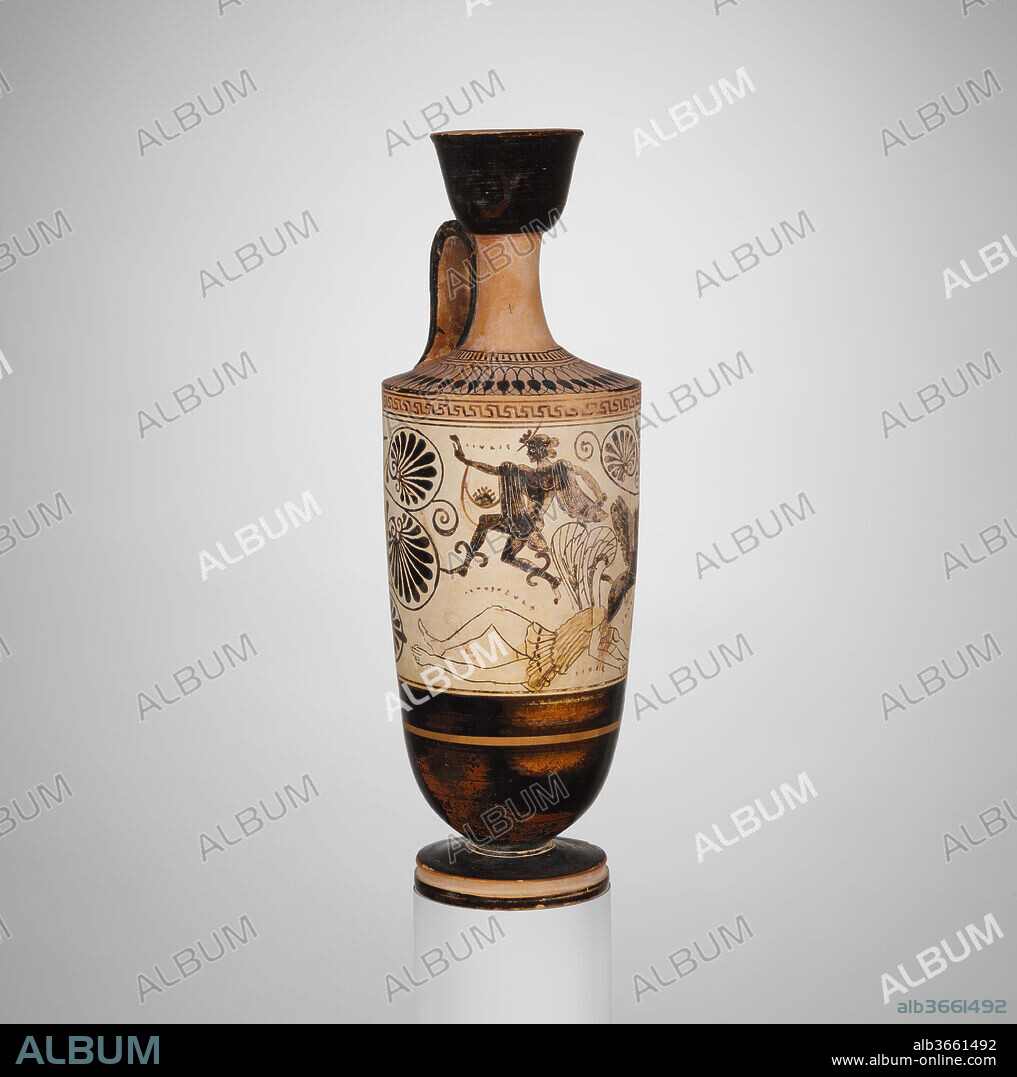 Terracotta lekythos (oil flask). Culture: Greek, Attic. Dimensions: 9 5/8in. (24.5cm). Date: ca. 500 B.C..
Perseus flying away with the head of Medusa, while Pegasos springs from her severed neck
Perseus, son of the god Zeus and the human princess, Danae, was given the task of beheading Medusa, one of the three Gorgons, whose faces were so horrible that seeing them turned men to stone. With the help of a magic cap and winged shoes given to him by Athena, Perseus became invisible and flew to the place where the three sisters were asleep. There he cut off Medusa's head. On this vase, Perseus flees with the head in a sack as the immortal winged horse Pegasos springs from the body of the dead Gorgon. Perseus and the horse are shown in the traditional black-figure manner, while the Gorgon is drawn in outline, probably influenced by the newly developed red-figure technique.