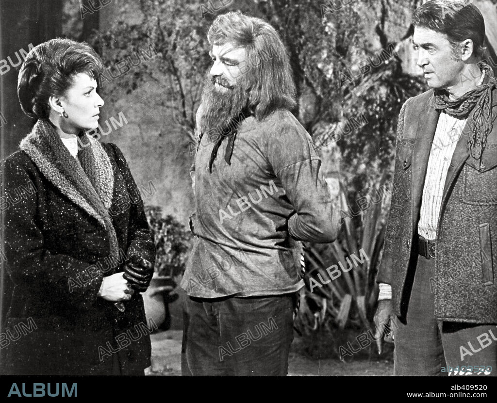 BRIAN KEITH, JAMES STEWART and MAUREEN O'HARA in THE RARE BREED, 1966, directed by ANDREW V. MCLAGLEN. Copyright UNIVERSAL PICTURES.