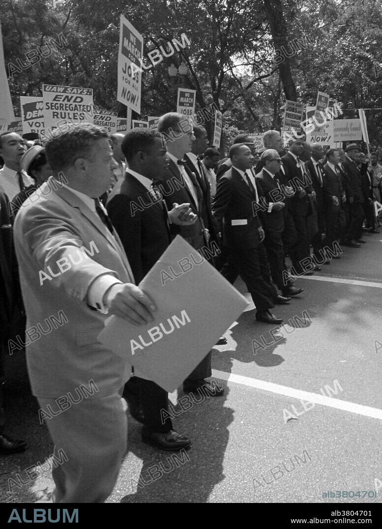 Entitled: "Martin Luther King Jr. with leaders." The March on Washington for Jobs and Freedom was one of the largest political rallies for human rights in United States history and called for civil and economic rights for African-Americans. On Wednesday, August 28, 1963. Martin Luther King, Jr., standing in front of the Lincoln Memorial, delivered his historic "I Have a Dream" speech in which he called for an end to racism. The march was organized by a group of civil rights, labor, and religious organizations, under the theme "jobs, and freedom". Estimates of the number of participants varied from 200,000 to 300,000; it is widely accepted that approximately 250,000 people participated in the march. Observers estimated that 75-80% of the marchers were black. The march is credited with helping to pass the Civil Rights Act (1964) and preceded the Selma Voting Rights Movement which led to the passage of the Voting Rights Act (1965). Photographed by Warren K. Leffler, 1963.