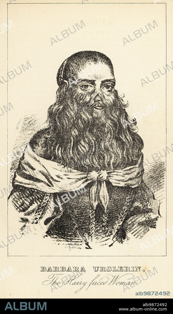 Barbara Urslerin, the hairy-faced woman, 1629-1668. Famous bearded lady exhibited in Europe and London by her husband Michael Vanbeck. After a portrait by Richard Gaywood in 1658. Lithograph after a stipple engraving by Robert Cooper from Henry Wilson and James Caulfields Book of Wonderful Characters, Memoirs and Anecdotes, of Remarkable and Eccentric Persons in all ages and countries, John Camden Hotten, Piccadilly, London, 1869.