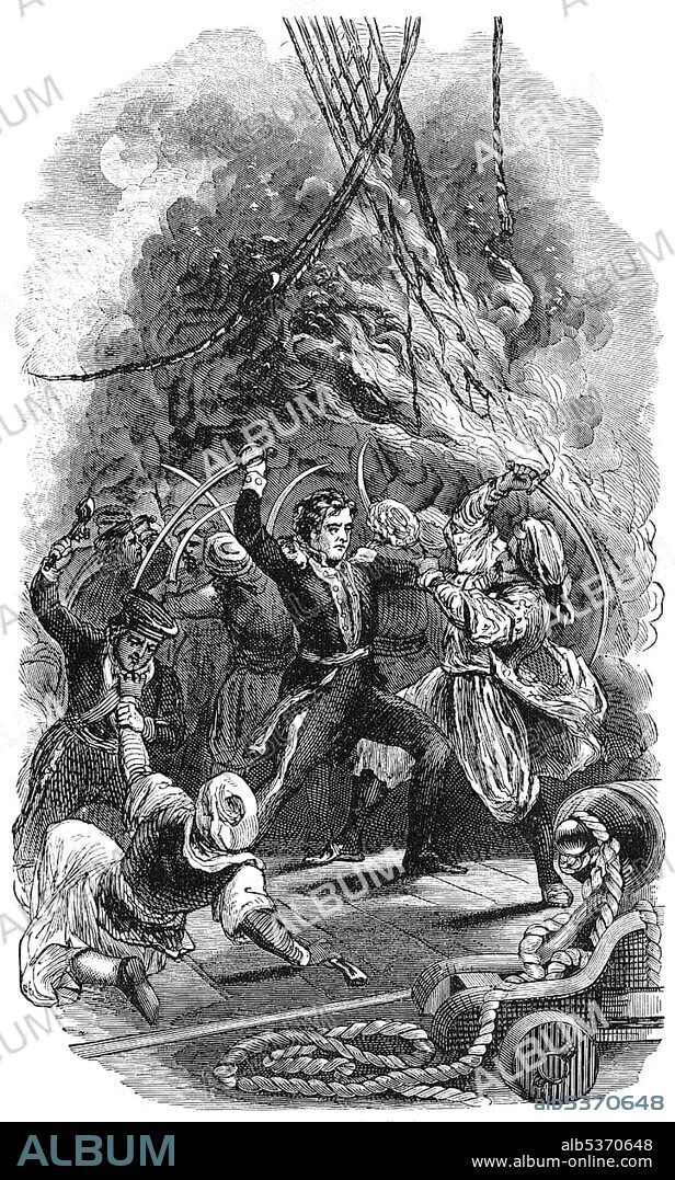 Historical drawing from the U.S. history of the 18th century, the burning of the frigate USS Philadelphia on 16 February 1804, by Stephen Decatur Jr., 1779 - 1820, an American naval officer and national hero.