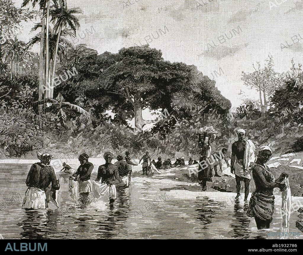 Matachín (Canal de Panamá). LAVANDERAS en el río Chagres. Grabado del año 1879.