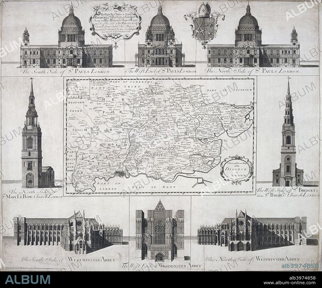 Map of the Diocese of London, 1720. The map is surrounded by views of St Paul's Cathedral, Westminster Abbey, St Mary le Bow and St Bride's.