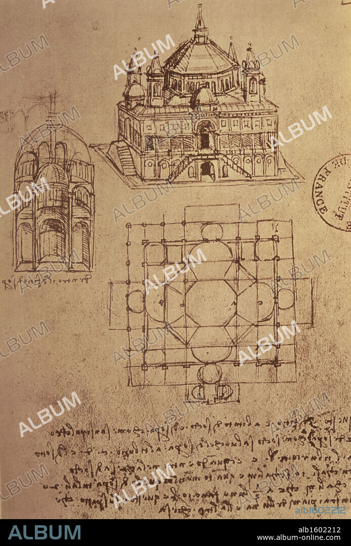 Sketch of a Square Church with Central Dome & Minaret   Pen & Ink   Leonardo da Vinci (1452-1519 Italian)  Bibliotheque Nationale, Paris.