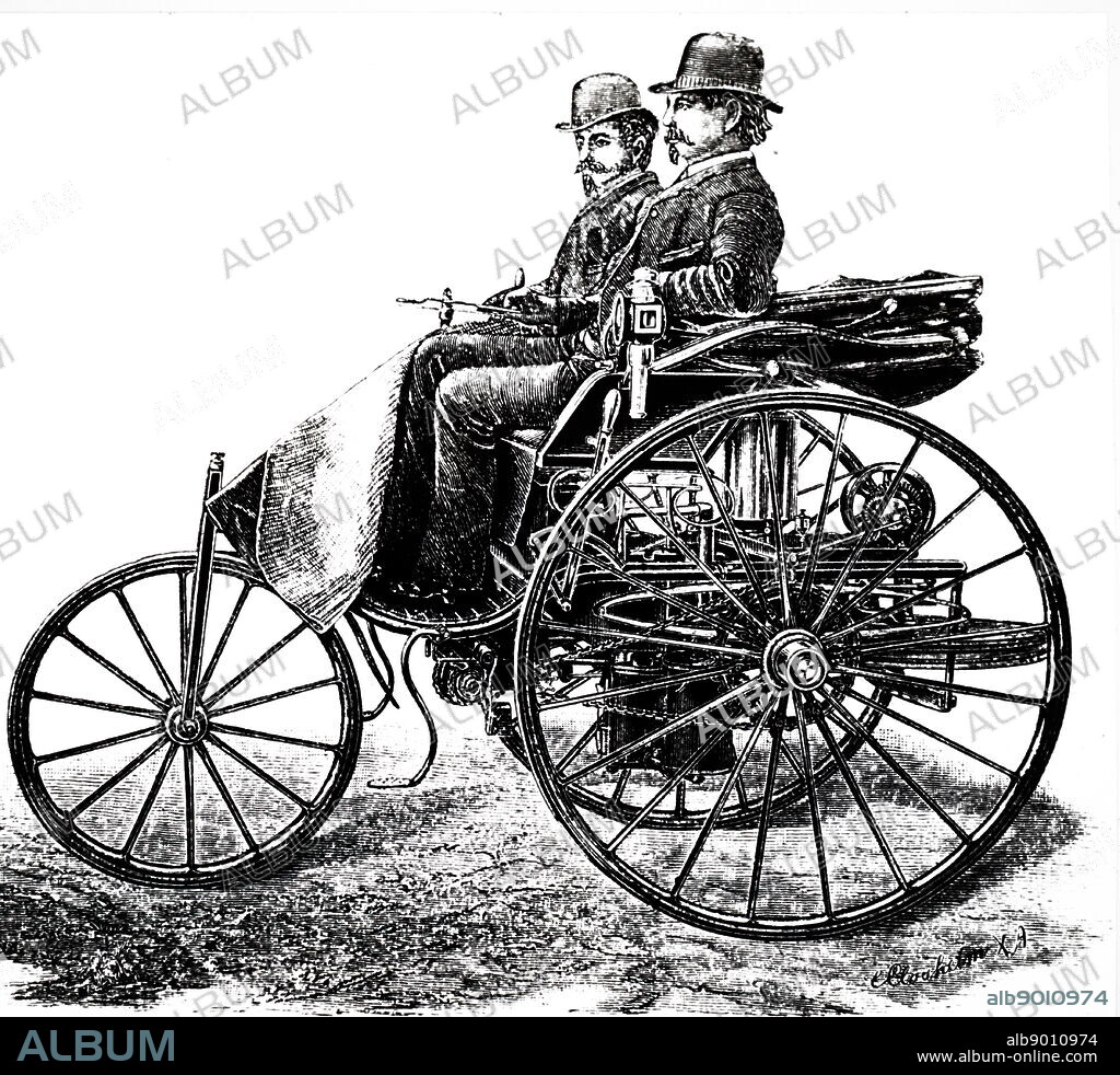 An engraving depicting a petrol-driven Benz tricycle. Dated 19th century.