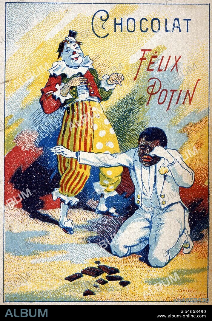 Chromo publicitaire pour du chocolat, mettant en scene les clowns FOOTIT (1864-1921) et CHOCOLAT (1868-1917). Marque Felix Potin. Credit Collection Kharbine Tapabor.