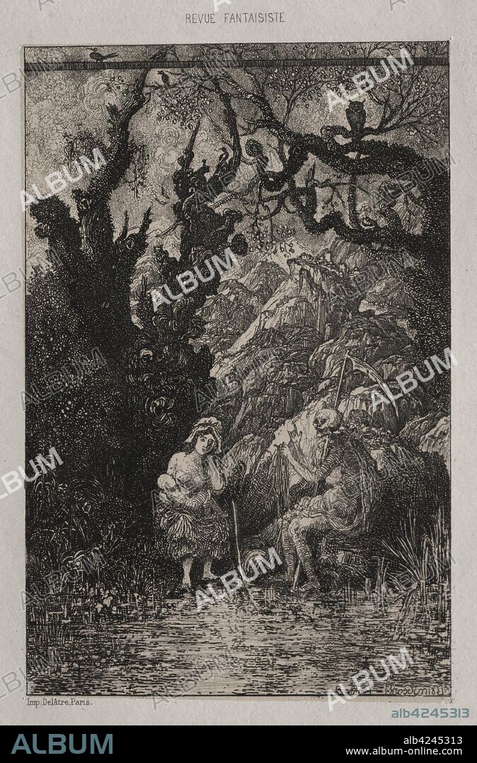 Published in Revue Fantaisiste, 15 juillet 1861: Death and the Young Mother, 1861. Rodolphe Bresdin (French, 1822-1885), Auguste Delâtre. Etching; sheet: 21.9 x 15.9 cm (8 5/8 x 6 1/4 in.); platemark: 17.1 x 12.4 cm (6 3/4 x 4 7/8 in.).