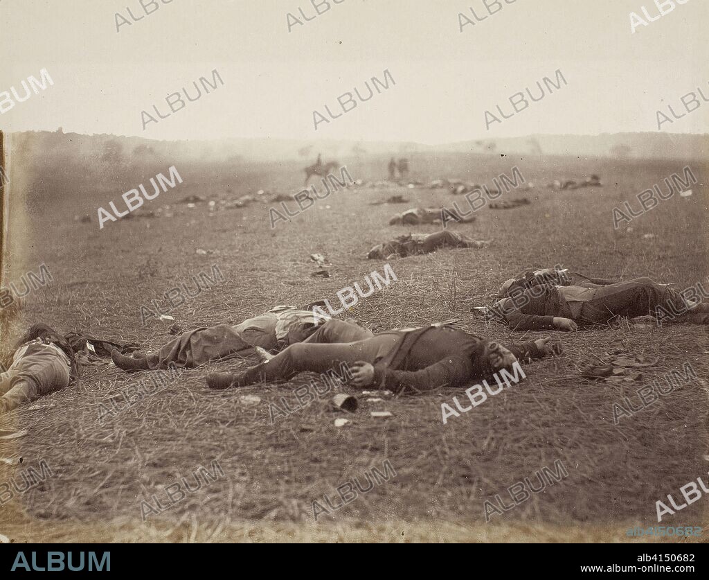 A Harvest of Death, Gettysburg, Pennsylvania. Timothy O'Sullivan; American, born Ireland, 1840-1882. Date: 1863. Dimensions: 17.3 x 22.4 cm (image/paper); 31 x 44.3 cm (album page). Albumen print, pl. 36 from the album "Gardner's Photographic Sketch Book of the War, vol. 1" (1866). Origin: United States.