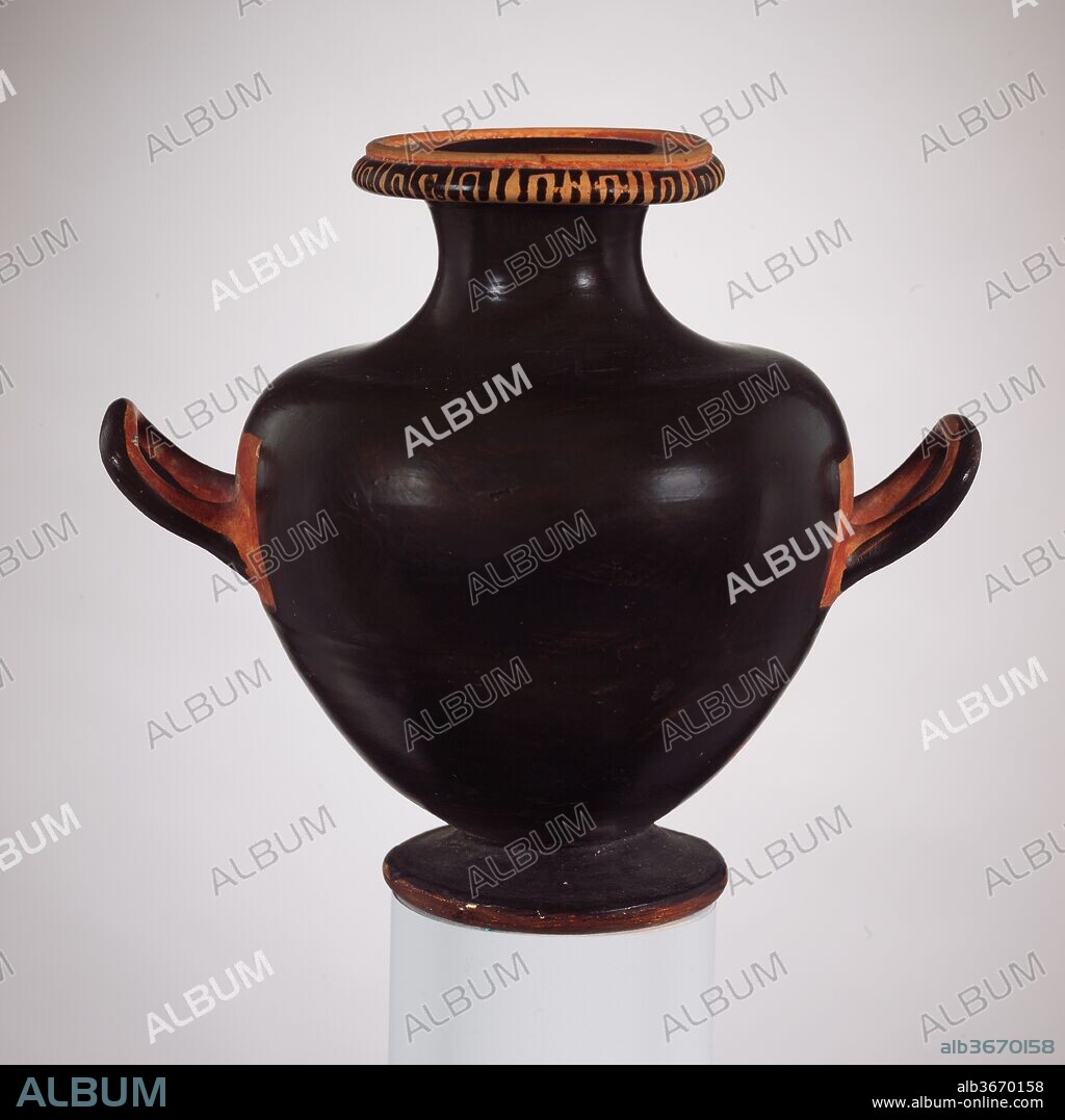 Terracotta hydria: kalpis (water jar). Culture: Greek, South Italian, Campanian. Dimensions: H. 5 1/8 in. (13 cm). Date: late 5th century B.C..
Reserved rectangles at handles.