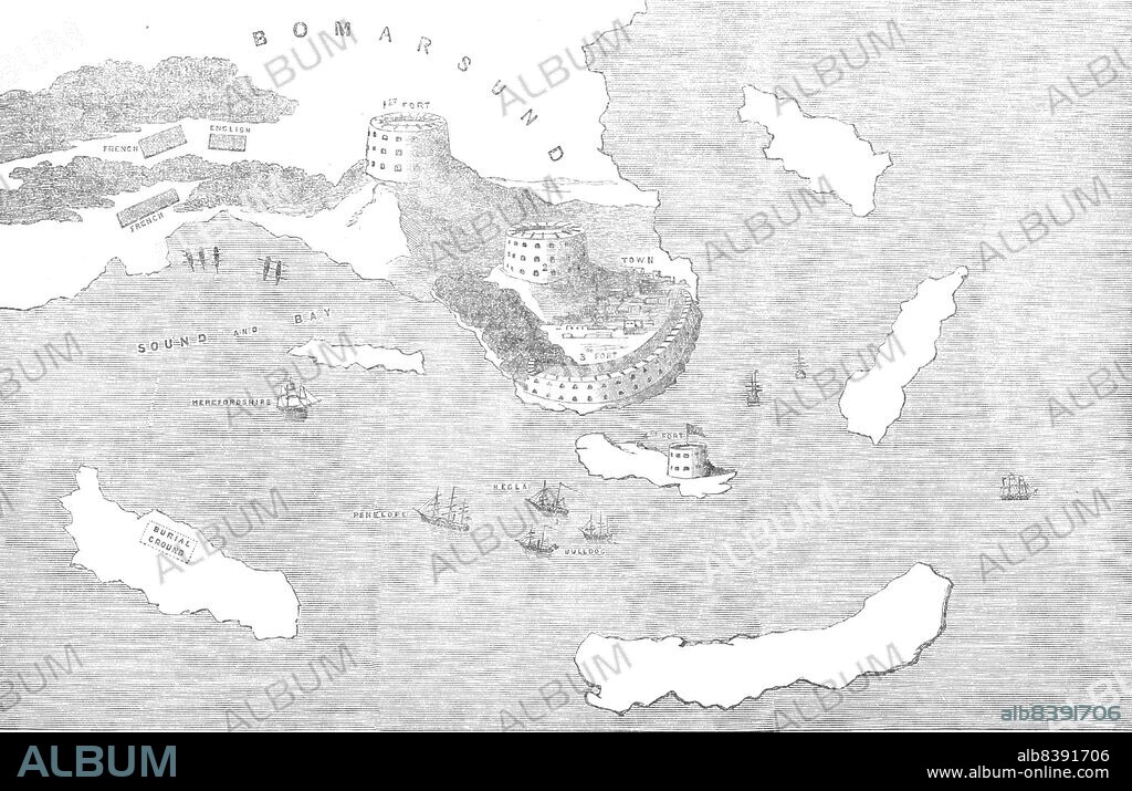 Fortifications of Bomarsund, 1854. Crimean War. Map of Russian forts on the Baltic Sea coast in Findland. Also shown are positions of the 'English' and French armies, and the Royal Navy ships Herefordshire, Penelope, Hecla, and Bulldog. The British and French attacked Bomarsund and demolished the fortress. 'The fortifications of Bomarsund lie on the eastern point of the largest of the Aland Islands. The principal fortress stands at the head of a semicircular bay armed with about eighty cannon in two tiers. At the back, or northern, side of the fort the land rises considerably, and the defence on that part consisted of three round towers - one on the highest ground to the west, a second in the centre, and a third to the east. A fourth work had been erected on the Island of Prasto, east of the fortress, and a mud battery was thrown up on the beach to the west'. From "Illustrated London News", 1854.