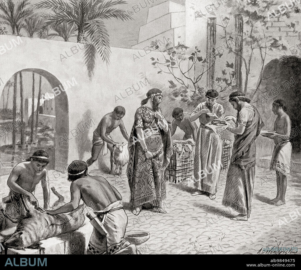 Hepatoscopy or divination by the liver. The Babylonians thought they could discover the will of the gods by examining the livers of carefully selected sheep, seen here the Babylonian king awaits the verdict of the diviner who is conning the liver in his hand, whilst a scribe takes down his words for future reference. From Hutchinson's History of the Nations, published 1915.