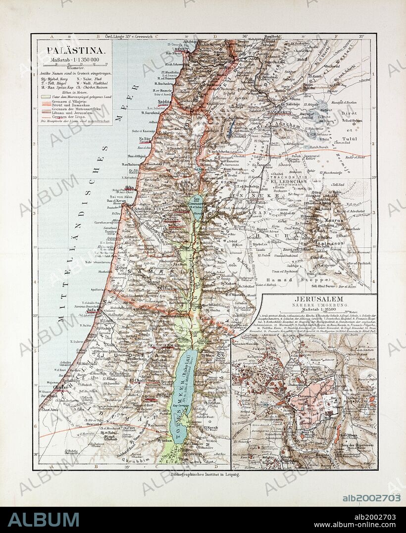 MAP OF ISRAEL, JERUSALEM, THE SOUTHERN PART OF SYRIA, LEBANON, THE WESTERN PART OF JORDAN, 1899.