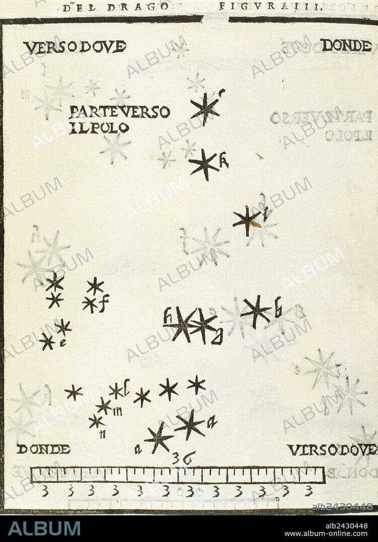 Alessandro Piccolomini (1508-1578). Italian astronomer and humanist. "Draco constellation". De le Stelle Fisse (The sphere of the world and The fixed stars). Edited in Venice in 1540. Engraving, 1559.