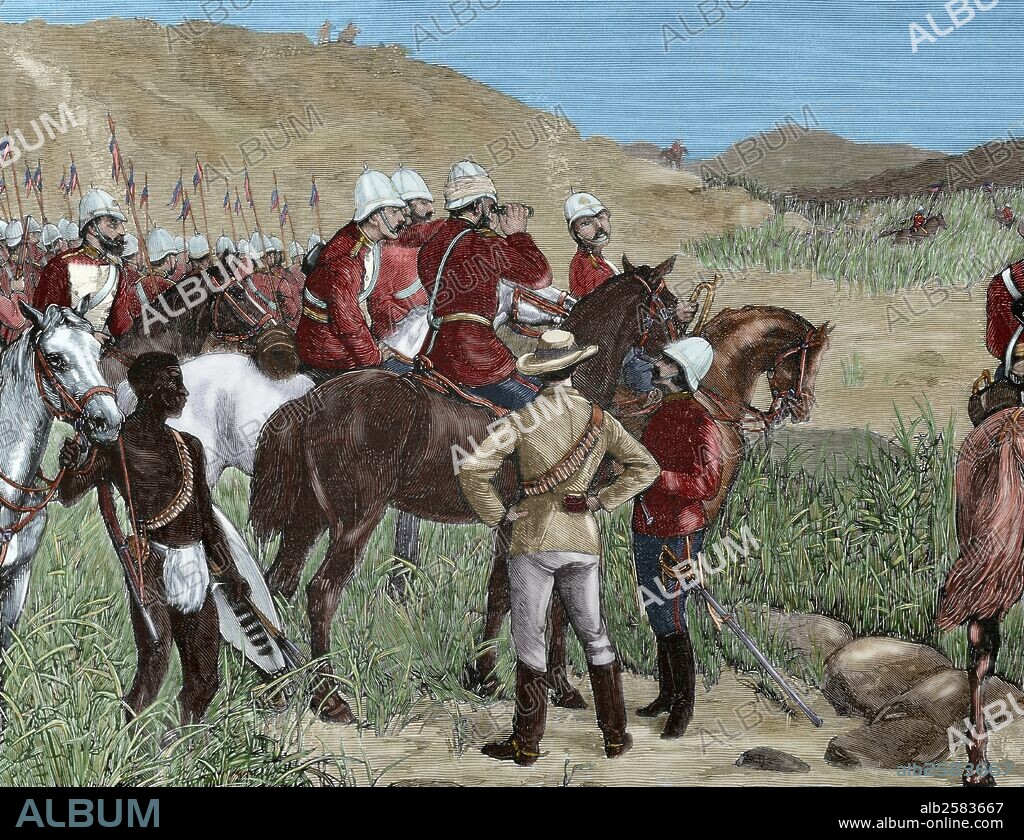 Anglo-Zulu War, 1879. Capture of Cetshwayo. The detachment of the Major Marter sighting the Kraal, last refuge of ex-king of the Zulus. Engraving by Ovejero. The Spanish and American Illustration, 1879. Colored.