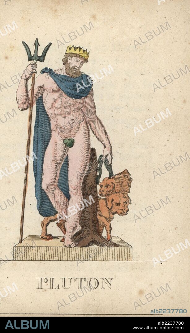 Pluto, Roman god of the dead and ruler of the underworld, with crown, trident, figleaf and hellhound Cerberus. Handcoloured copperplate engraving engraved by Jacques Louis Constant Lacerf after illustrations by Leonard Defraine from "La Mythologie en Estampes" (Mythology in Prints, or Figures of Fabled Gods), Chez P. Blanchard, Paris, c.1820.