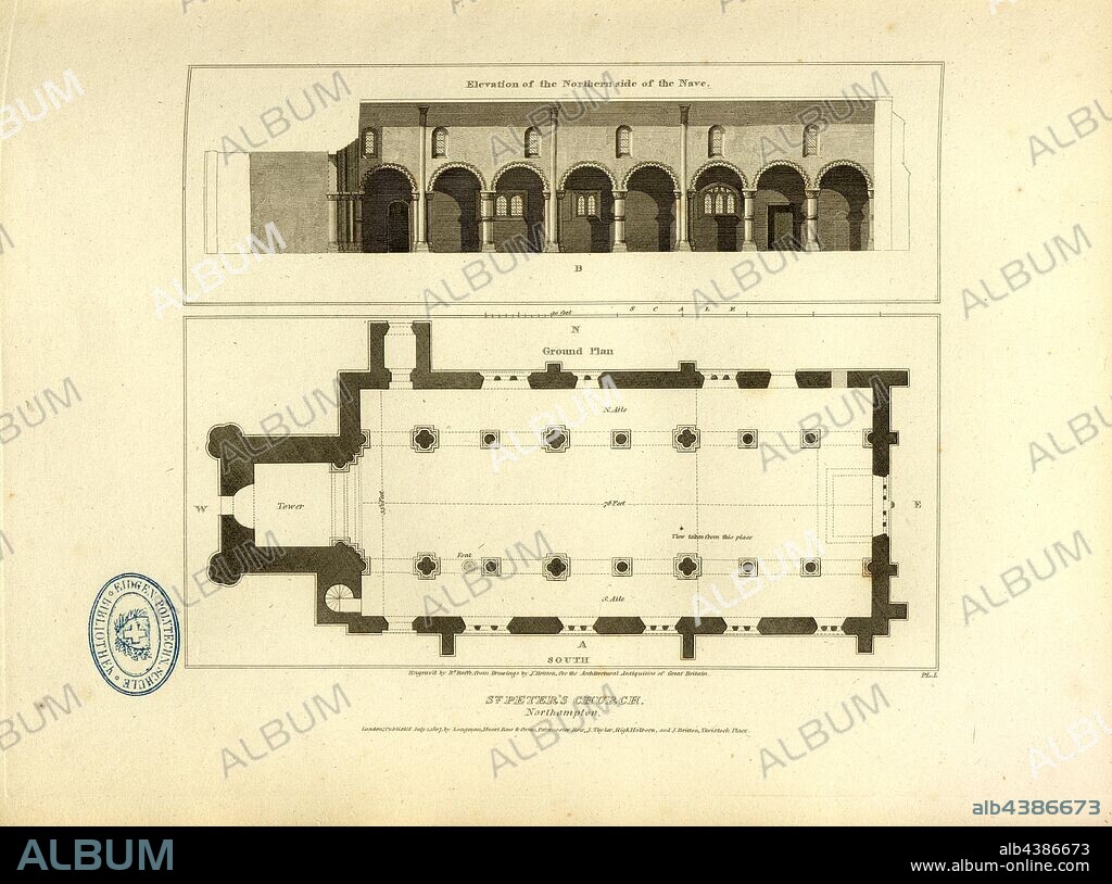 St. Peter's Church, Northampton, Elevation and Floor Plan of St. Peter's Church in Northampton, signed: Engrav'd by R. Roffe, from Drawings by J. Britton, Fig. 6, Pl. I, p. 8, Britton, John (Drawing); Roffe, Richard (engr.), 1807, John Britton: The architectural antiquities of Great Britain: represented and illustrated in a series of views, elevations, plans, sections and details of various ancient English edifices: with historical and descriptive accounts of each. Bd. 2. London: J. Taylor, 1807-1826.