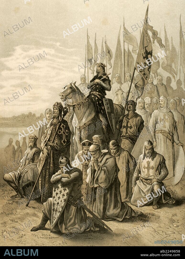 PAUL GUSTAVE DORÉ. Seventh Crusade (1248-1254). Conquest of Damietta (June 7, 1249). Saint Louis (1214-1270) conquest the city and returned him to the Muslims. Engraving in The Religious Revolution, 1880.