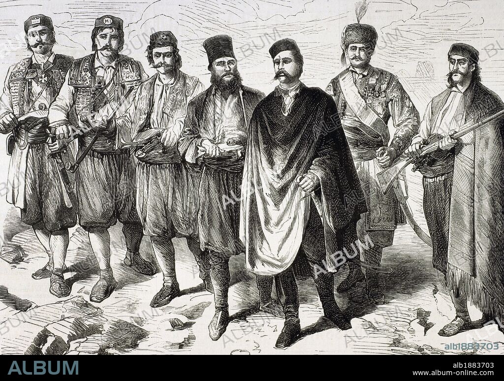 INSURRECCION DE HERZEGOVINA (1875). En 1875-1876 un conflicto local en Herzegovina desató una insurrección de los nacionalistas serbios y búlgaros contra el imperio otomano. Esta fue duramente aplastada por los turcos, lo que dio lugar a que Serbia y Montenegro declararan la guerra a Turquía en 1877. "MIGUEL LJUBIBRATITSCH, JEFE DE LOS INSURRECTOS, Y SU ESTADO MAYOR". Grabado de 1875.