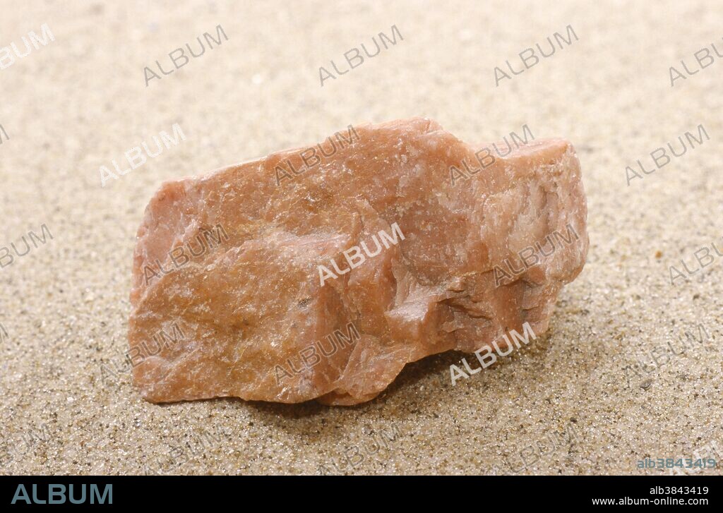 Plagioclase, pink form of feldspar. Feldspar is the most common mineral on earth.