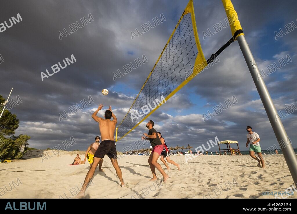 playing beach volleyball, Sa Rapita beach, protected natural area, Campos, Mallorca, Balearic Islands, Spain, Europe.