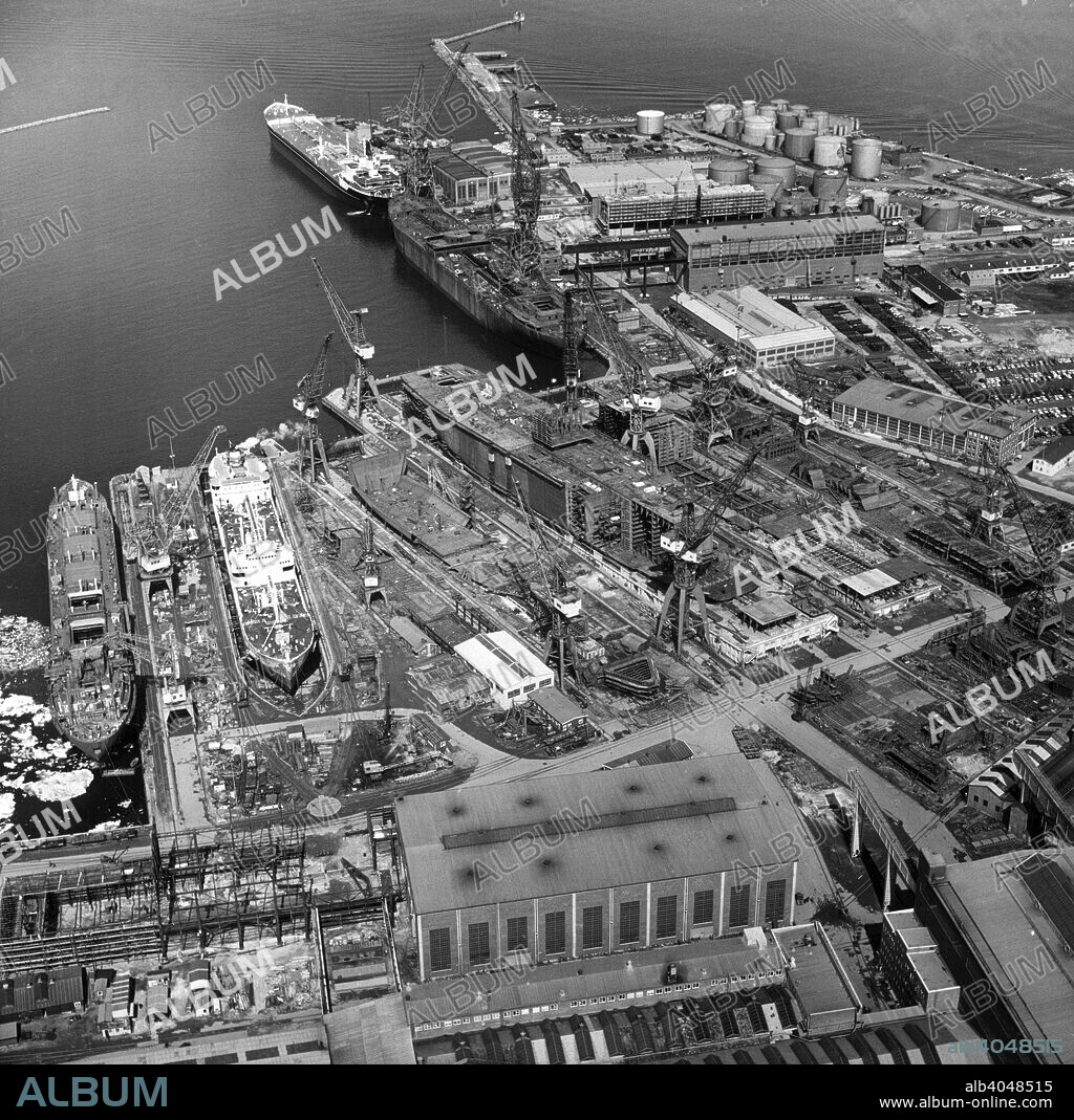 Aerial view of Kockums shipyard, Malmö, Sweden, 1963. From the Malmo Stadsarkiv Collection.