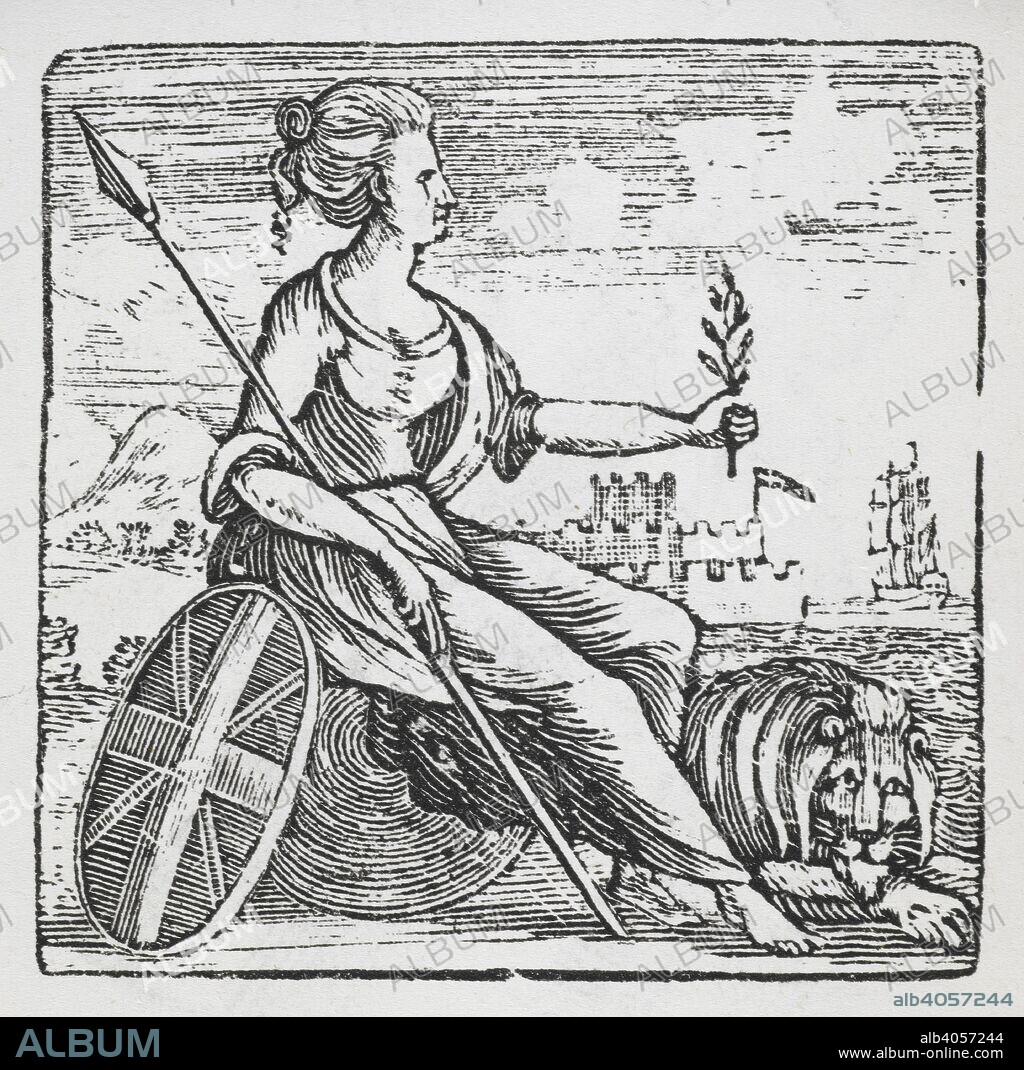 THOMAS BEWICK and THOMAS HUGO. Female allegory of Britannia with a spear, Union Jack shield and lion. The Bewick Collector. A supplement to a descriptive catalogue of the works of T. and J. Bewick; consisting of additions to the various divisions of cuts, wood blocks, etc. London, 1868. Source: 2262.f.9. p.86.