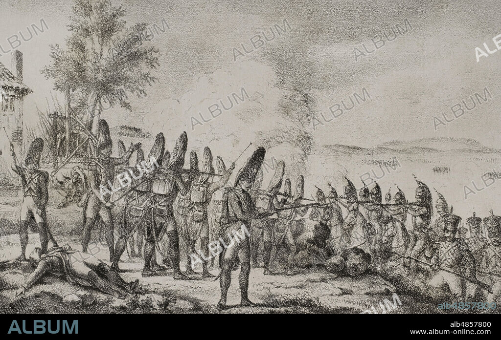 Guerra de la Independencia Española. Batalla de Bailén (19 de julio de 1808). Fué la primera derrota del ejército de Napoleón, enfrentando a un ejército francés al mando del general Dupont contra tropas españolas dirigidas por el general Castaños, comandante en jefe del ejército español de Andalucía. El 22 de julio de 1808, tras firmar capitulaciones, los franceses rindieron sus armas. Ilustración por F. Pérez. Historia del Levantamiento, Guerra y Revolución de España, por el Conde de Toreno. Madrid,1852.