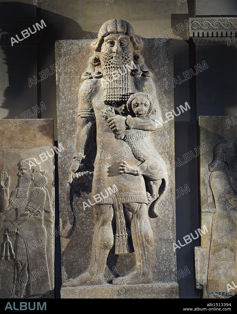 Assyrian civilization, 8th century b.C. Chalky alabaster statue of Gilgamesh, king of Uruk. From Khorsabad, Iraq.