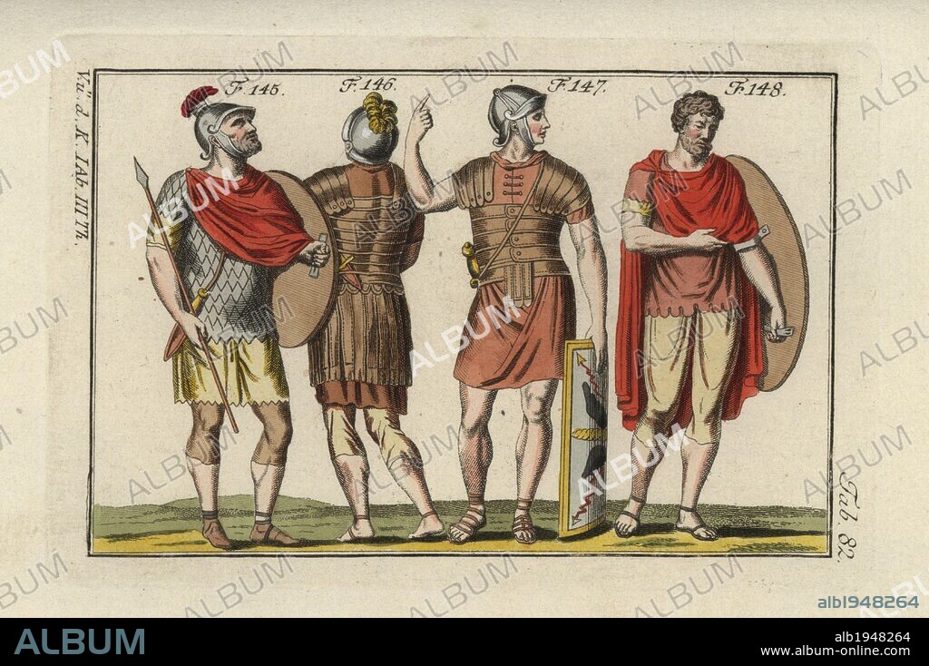 Roman soldiers in different types of armour and battledress, with scale armour (lorica squamata), shield (scutum), leather armour, helmet, lance and war cloak (chlamis). Handcolored copperplate engraving from Robert von Spalart's "Historical Picture of the Costumes of the Principal People of Antiquity and of the Middle Ages" (1798).