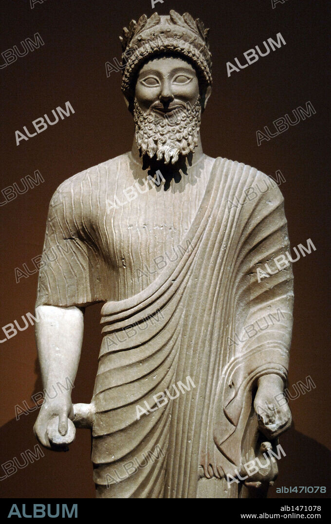 Phoenician art. Cyprus. Bearded man with votive offerings. Ca. 475-450 BC. Classical Period. Limestone. Comes from Golgoi (Cyprus).  Metropolitan Museum of Art. New York. United States.