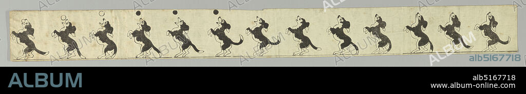 Zoetrope Strip, Dog Catching Ball, Lithograph on paper, Strip with printed cartoon featuring a dog catching a ball while perched on his hind legs. When viewed in a circular, perforated tin zoetrope, illusion of animation creates a moving picture., England, United Kingdom, ca. 1860, toys & games, Print, Print.