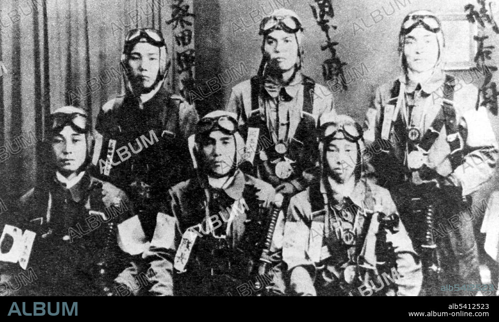 Japanese kamikaze pilots, circa 1945. Kamikaze were a part of the Japanese Special Attack Units of military aviators who initiated suicide attacks for the Empire of Japan against Allied naval vessels in the closing stages of the Pacific campaign of WWII, designed to destroy warships more effectively than possible with conventional air attacks. About 3,800 kamikaze pilots died during the war, and more than 7,000 naval personnel were killed by kamikaze attacks. Kamikaze aircraft were essentially pilot-guided explosive missiles. (cropped and cleaned).