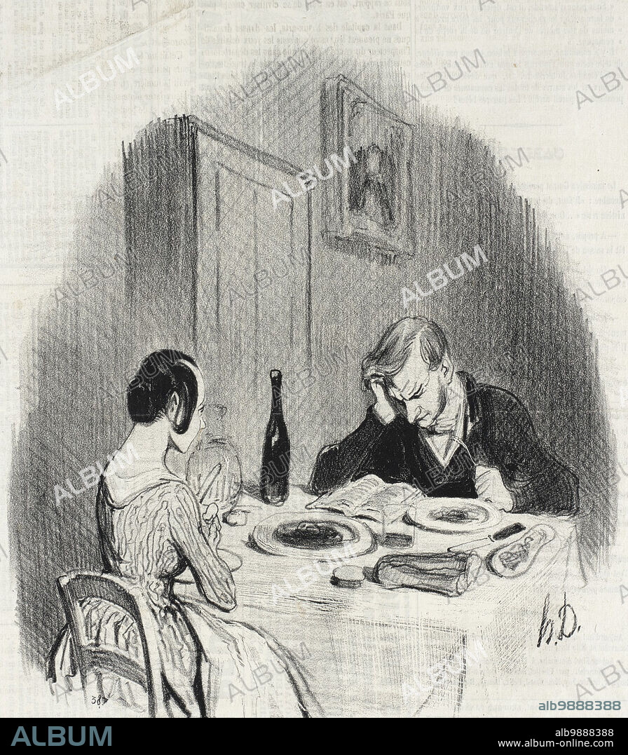 HONORé DAUMIER. En voilà un genre agréable!.., 1842. 'Monsieur s'amuse à lire le soir et il s'endort, quand il se réveille il prend son livre, à quatre heures il revient de son bureau il me demande son volume, et il prétend que rien ne m'amuse'. A nice state of affairs! Wife: 'Monsieur enjoys reading in the evening and he falls asleep, when he wakes up he takes his book, at four o'clock he comes back from his office and asks me for his volume, and he claims that nothing amuses me'. Series: Moeurs conjugales (Mores of Married Life), 57; Periodical: Le Charivari, 24 July 1842.