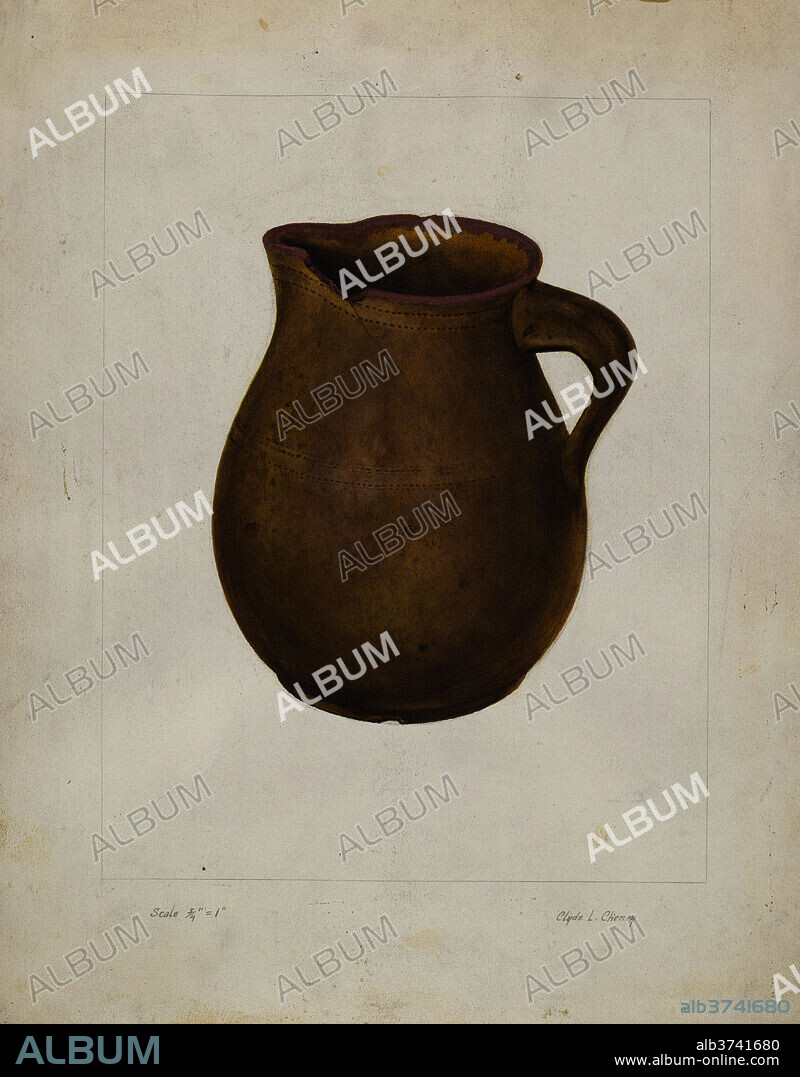 CLYDE L. CHENEY. Earthen Pitcher. Dated: 1935/1942. Dimensions: overall: 35.5 x 28 cm (14 x 11 in.)  Original IAD Object: (incorrect) 3/4" to 1". Medium: watercolor, colored pencil, and graphite on paperboard.