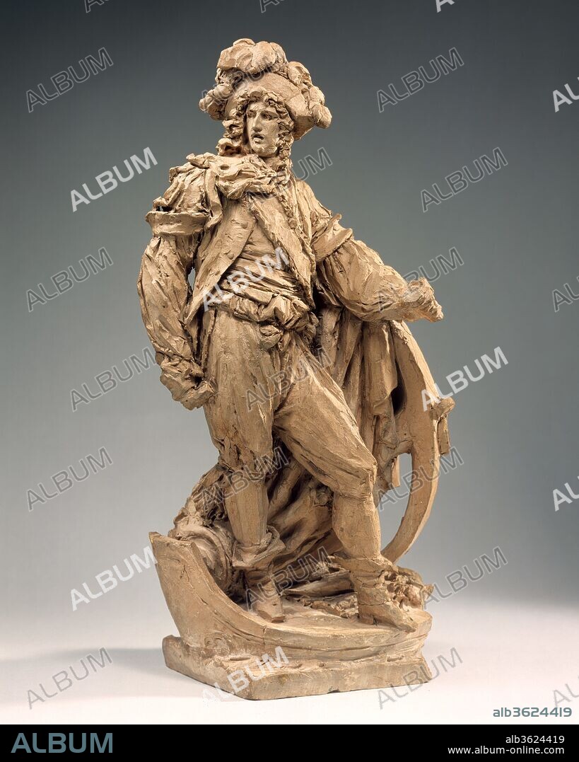 Admiral de Tourville (1642-1701). Artist: Joseph-Charles Marin (French, Paris 1759-1834 Paris). Culture: French. Dimensions: 16 1/4 × 8 × 6 1/2 in. (41.3 × 20.3 × 16.5 cm). Date: 1816.
The restoration monarchy of Louis XVIII commissioned from leading sculptors a series of colossal marble statues of past royalist luminaries to line the Pont de la Concorde in Paris. That of Tourville, a dashing naval hero under Louis XIV, now stands before the town hall of his birthplace, Tourville-sur-Sienne.