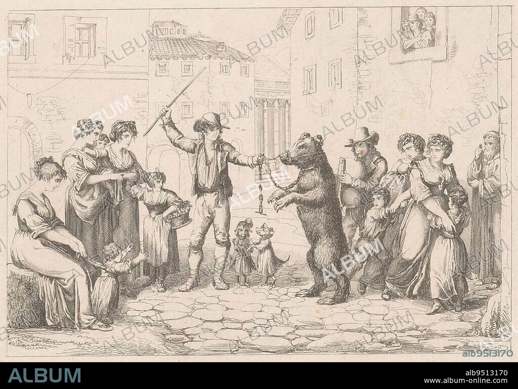 On the street stands a man making a chained bear dance Next to the bear are two dressed dogs, standing on their hind legs Several bystanders look on, including on the right a man with bagpipes and a monk, Dancing bear in street Ballo dell' Orso in Roma , print maker: anonymous, Bartolomeo Pinelli, Italy, 1791 - 1885, paper, etching, h 107 mm - w 139 mm.