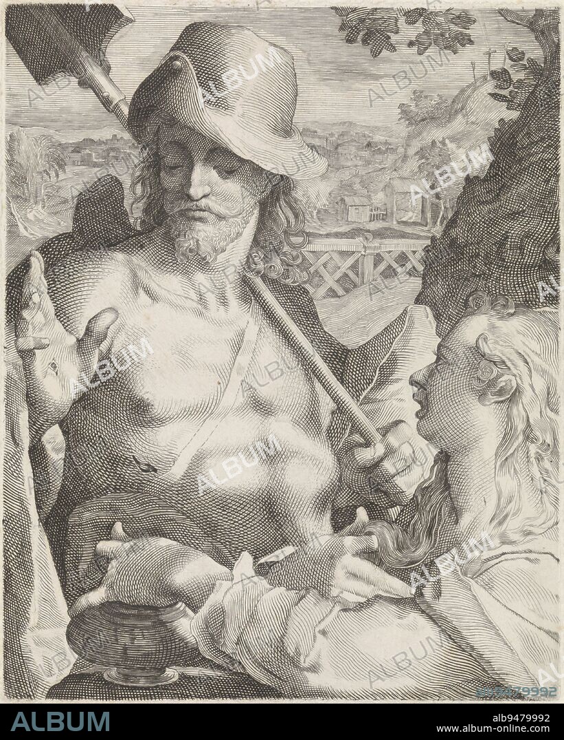 Christ appears to Mary Magdalene, Johannes van der Kellen, after Joseph Heintz (il Giovane), after Joseph Heintz (I), 1861, The Christ resurrected from his tomb appears to Mary Magdalene as a gardener. He is wearing a hat, holding a spade in his left hand and showing Mary Magdalene the wound in his right hand. In the background, a landscape with a city and the hill of Golgotha topped by the three crosses, the middle one being empty., print maker: Johannes van der Kellen, Joseph Heintz (il Giovane), (possibly), Joseph Heintz (I), (possibly), 1861, paper, engraving, h 253 mm × w 203 mm.