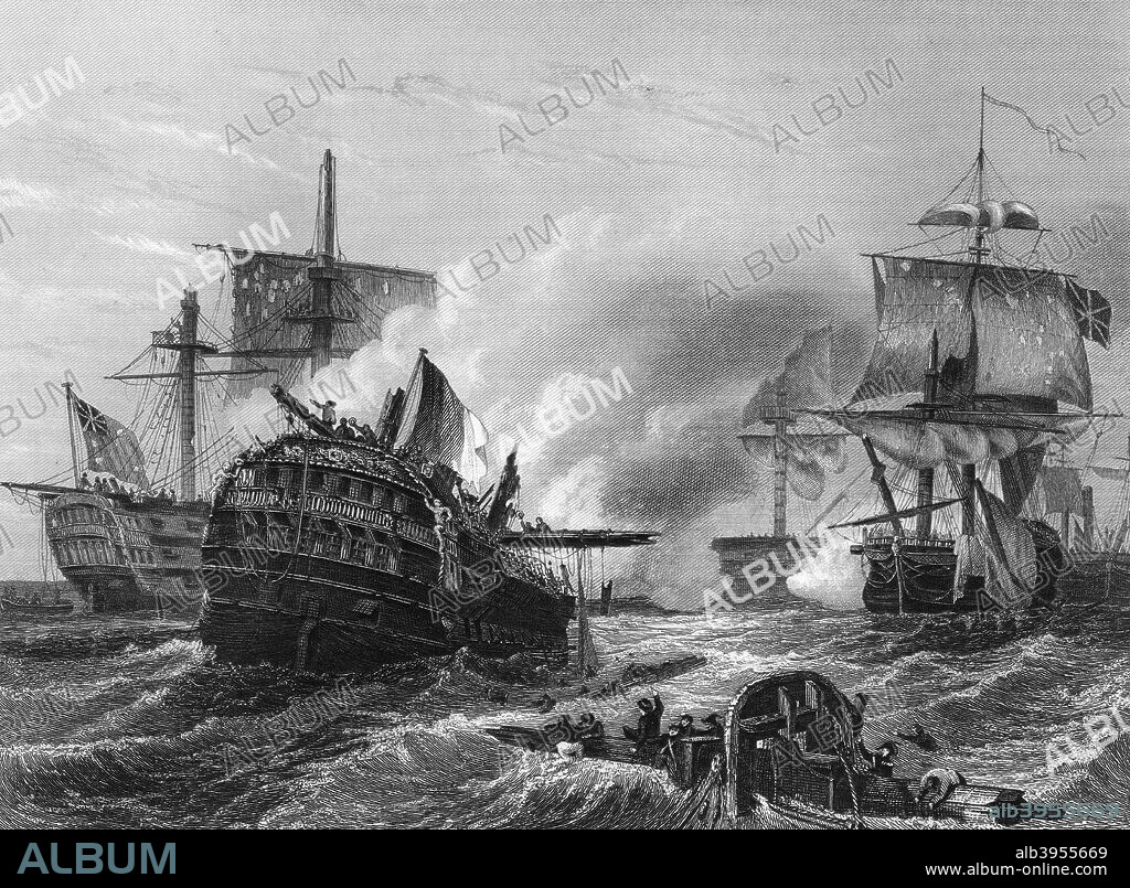 Admiral Lord Howe's victory over the French, 1 June 1794, (c1857). Earl Howe (1726-1799) commanded the English fleet that decisively defeated the French in the Battle of Ushant (the Glorious First of June) in 1794. From England's Battles by Sea and Land, volume I, by Lieutenant Colonel William Freke Williams, published by the London Printing and Publishing Company, 1857.