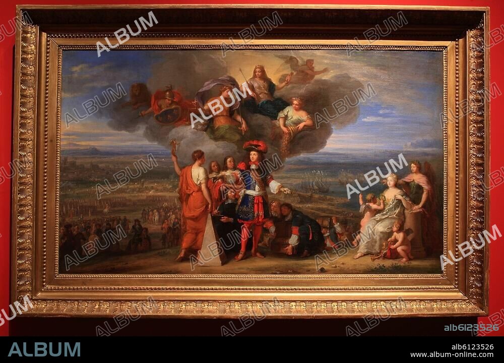 Ludwig XIV., König von Frankreich (1643-1715); Saint-Germainen-Laye 5.9.1638-Versailles 1.9.1715. /-"Louis XIV en roi de Guerre" (Ludwig XIV. als Kriegsherr).-/ Gemälde von François Verdier (1652.1730) und Frans van der Meulen (1632-1690). Öl/Lw., 70 x 116,5 cm. Inv.702 (Aufgenommen in der Ausstellung "Louis XIV", Versailles 2009/10).