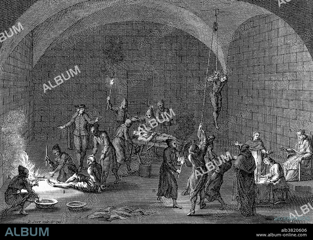 A torture chamber of the Spanish Inquisition with with suspected heretics having their feet burned or being suspended with a rope from a pulley while scribes note down confessions. The Spanish Inquisition was established in 1480 by Catholic Monarchs Ferdinand II of Aragon and Isabella I. It was intended to maintain Catholic orthodoxy in their kingdoms and to replace the Medieval Inquisition, which was under Papal control. The Inquisition was originally intended primarily to ensure the orthodoxy of those who converted from Judaism and Islam. The regulation of the faith of the newly converted was intensified after the royal decrees issued in 1492 and 1502 ordering Jews and Muslims to convert or leave Spain. The Spanish Inquisition is often cited in popular literature and history as an example of Catholic intolerance and repression, and was not abolished until 1834, during the reign of Isabella II. Although records are incomplete, about 150,000 persons were charged with crimes by the Inquisition and about 3,000 were executed. Engraving by Bernard Picart, 1722.