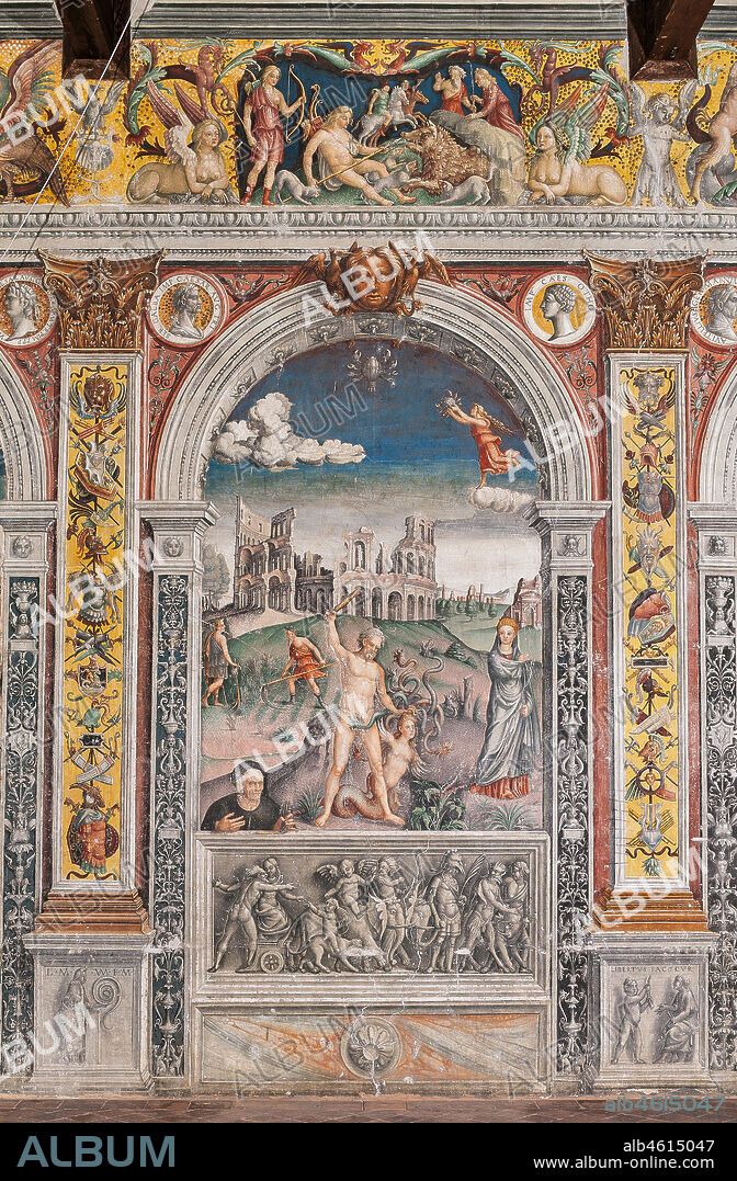 Mantua, Palazzo D'Arco, Sala dello Zodiaco (Chamber of the Zodiac): the astrological sign of Cancer, with Hercules slaying the Lernaean Hydra while Juno observes him. in the background: the Colosseum (Coliseum). Fresco by Giovan Maria Falconetto, about 1515.