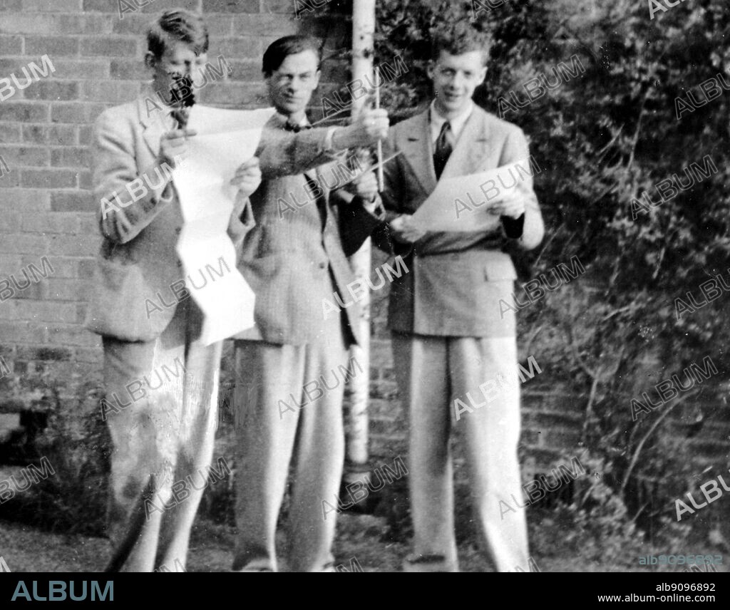 W H Auden (1907-1973) with William Coldstream (1908-1987) and Benjamin Britten (1913-1976) at the Downs School, Colwell, 1935. W H Auden, The Life of a Poet, by Charles Osborne.