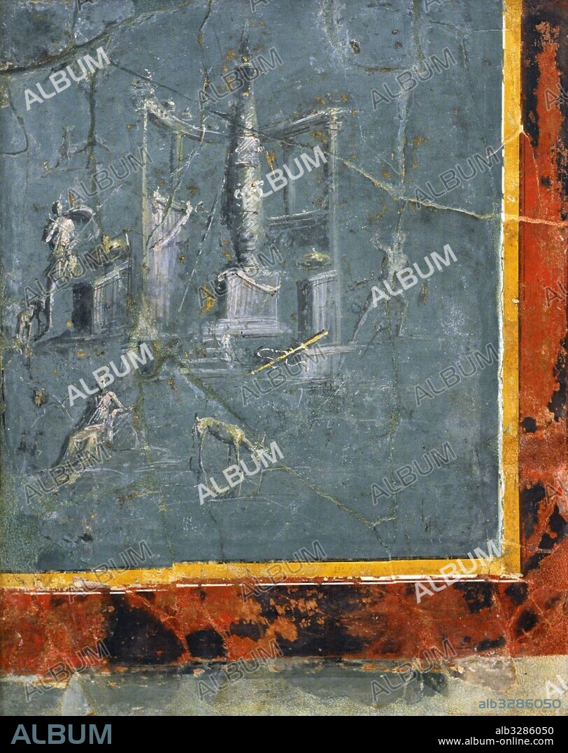 Fresco romano con la representación del mito de Diana y Acteon. Segundo Estilo Tardío. Siglo I a. C. Procedente de una villa en la zona del Palacio Real de Portici. Museo Arqueológico Nacional. Nápoles. Italia.