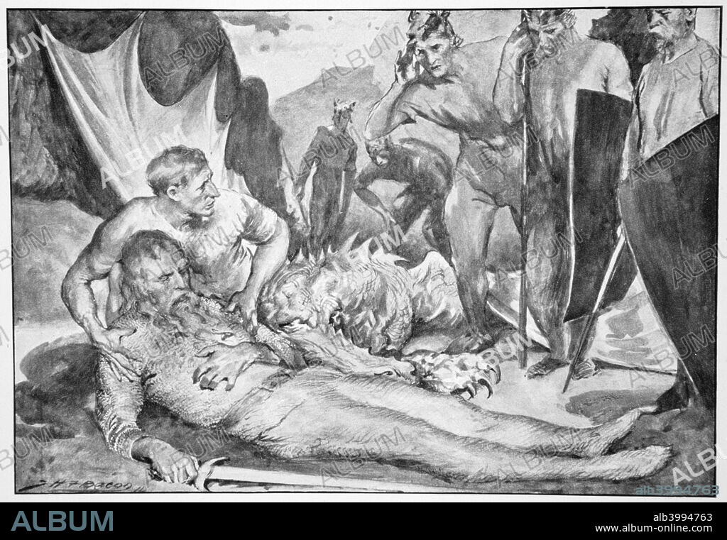 'The Death of Beowulf', 1910. A print from Hero Myths and Legends of the British Race by MI Ebbutt, 1910.