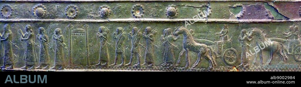 Relief cast in a Bronze band from the Balawat Gates. Balawat (ancient Imgur-Enlil), dating to the reigns of Ashurnasirpal II (r. 883-859 BC) and Shalmaneser III (r. 859-824 BC). Their extensive use of narrative art depicting the exploits of Assyrian kings has cemented their position as some of the most important surviving works of art of the Neo-Assyrian Empire, comparable to the extensive Assyrian palace reliefs. When the Neo-Assyrian Empire fell in 614-612 BC, Balawat was destroyed.