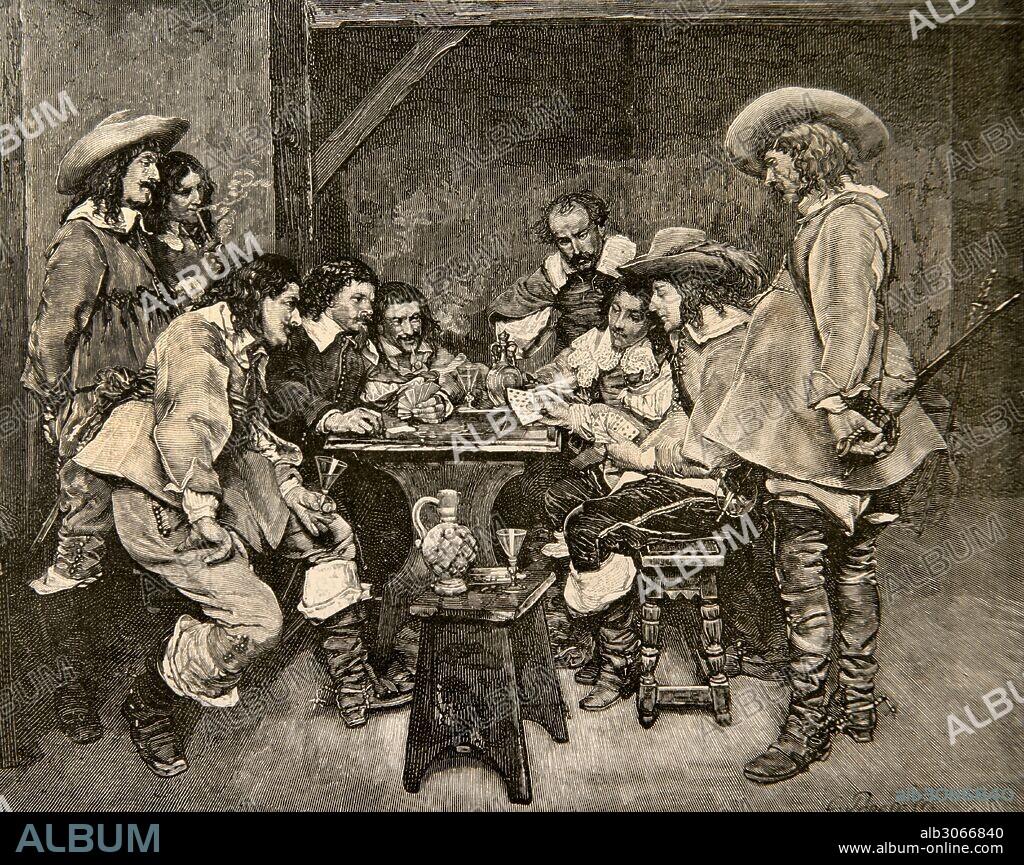 Game of piquet. 16th century. Engraving by C. Penoso after a painting of Jean-Louis-Ernst Meissonier (1815-1891). La Ilustracion Espanola y Arti_stica, 1879.