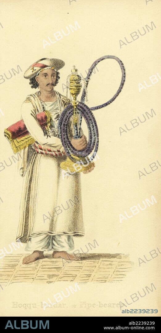 Hoqqu-burdar or pipe bearer, with hookah tobacco pipe and Persian carpet. Handcoloured copperplate engraving by an unknown artist from "Asiatic Costumes," Ackermann, London, 1828.
